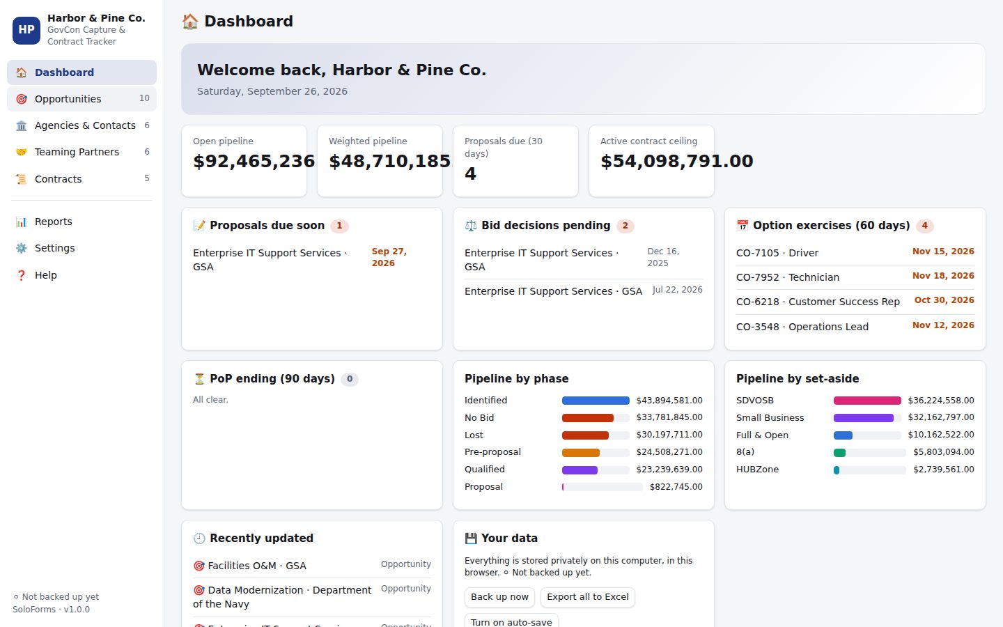 GovCon Capture & Contract Tracker dashboard